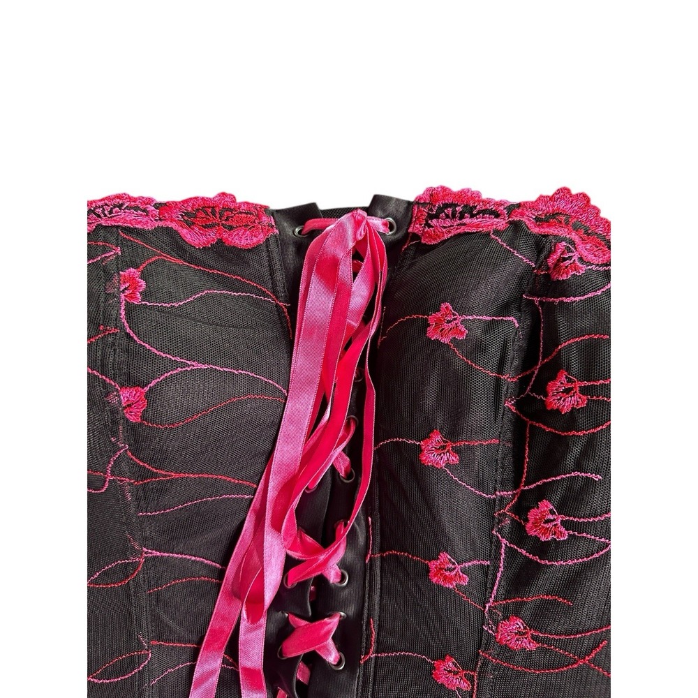 Cacique Strapless Lace Up Corset Black Pink Embroidered 18 20 Fairy Whimsy Fem - Picture 4 of 7